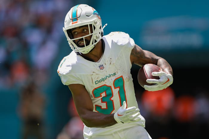 Dolphins running back Raheem Mostert scored four touchdowns in Miami's 70-20 rout of the Broncos in Week 3.
